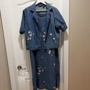 Agapo womens Denim Jumper Embroidered Flowers sequins  jacket SZ Large‎